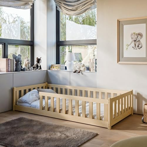 Kinderbett Bodenbett 90x200 cm mit Rausfallschutz & Lattenrost Montessori Bett Bed Gitterbett Kinder Jugendbett Einzelbett optional mit Matratze | natur weitere Größen 80x160 | 120x200 | 140x200 cm