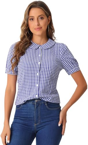 Allegra K Women's Plaid Blouse Puff Short Sleeve Gingham Peter Pan Collar Button Down Shirt Blue M