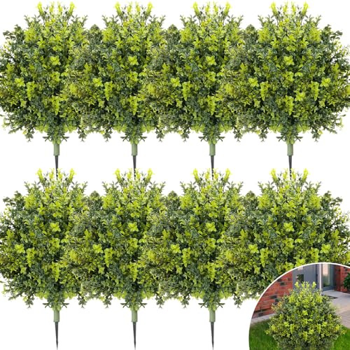 CroBlissful Paquete de 8 bolas artificiales de boj para exteriores, 24 pulgadas, resistente a los rayos UV, esfera de planta falsa con pincho para puerta delantera, porche, interior, jardín, patio