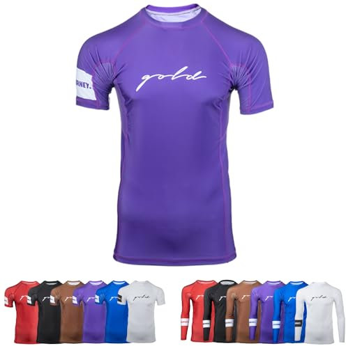 Gold BJJ Rash Guard della Fondazione - Rashguard classificato No-Gi e Gi Jiu Jitsu, Viola (manica corta), 4X-Large