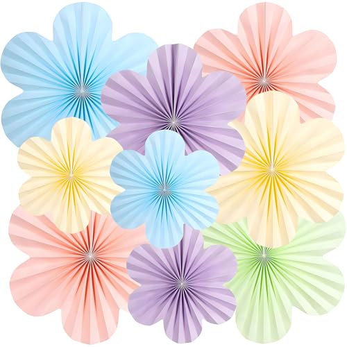 9Pcs Hanging Paper Fans Decorations 5 Color | 35/25/20cm - Paper Fan Flowers for Wall, Birthdays, Bachelorette, Weddings, Tea Party Decorations