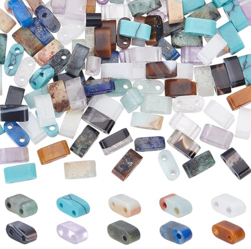 Unicraftal - 140 unidades, 10 colores, media perla de rocalla, 2 agujeros, cuentas planas cuadradas a granel, 2,5 x 5 mm, rectangulares, piedras preciosas naturales, conectores de perlas espaciadoras