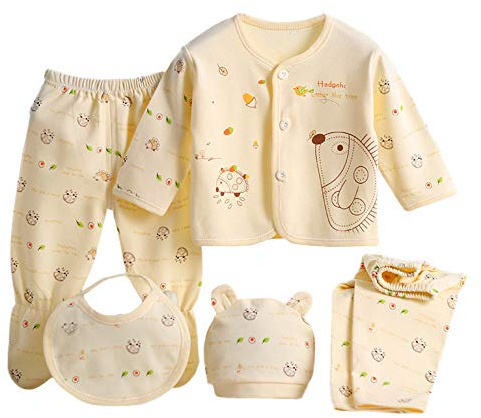 Ensemble Cadeau de Naissance Bébé 5 Pièces, Haut Manches Longues à Motif Animal Hérisson, Pantalon, Bonnet et Bavoir, Ensemble en Coton pour Nouveau-Nés