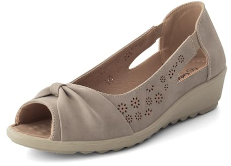 Cushion Walk Women's Extra Wide EEE Fit Sandals, Slip-On Peep Toe Low Wedge with Laser Cut Floral Pattern & Bow, Cushioned Insole Lightweight Summer Shoes (Size 7 UK, Beige)