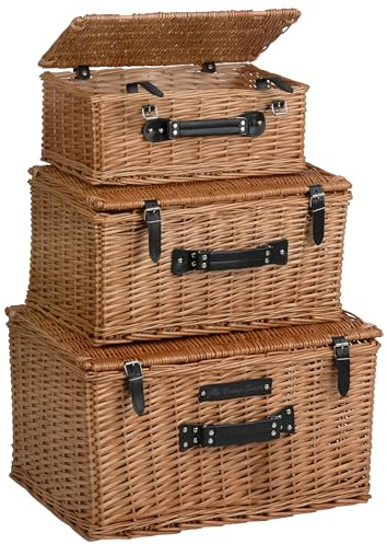 CampFeuer Weidenkorb Set | 3-teilig | Weidenkoffer mit Kunstlederriemen, Picknickkorb geflochten, Weidenkorb mit Deckel, Picknickkörbe | Dekokoffer, Geschenkkorb, Picknickkorb leer, Weidenkörbe
