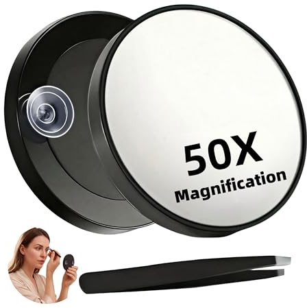 Cosiesnest Round 50X Magnifying Mirror with Suction Cup & Tweezer – Portable Travel Mirror for Makeup, Contact Lens, Skincare & Detailed Grooming (Black)