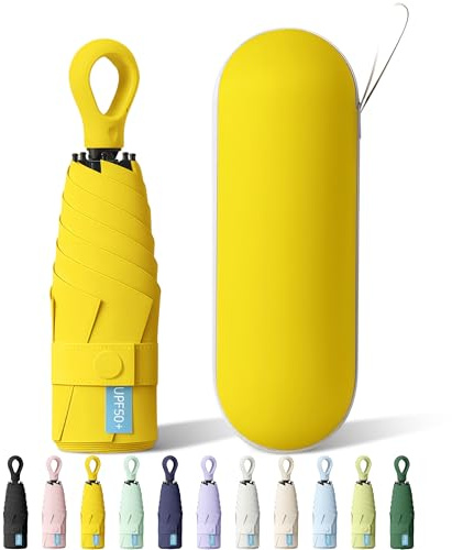 FWHFNB Mini Ombrello Tascabile, Ombrello Piccolo, Pieghevole Ombrello da Viaggio, Con Manico ad Anello e Borsa Portaoggetti, UPF 50+, Pioggia UV Protezione Sole, per Donne Uomini (Giallo)