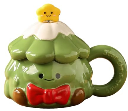 Cappuccino-Koppar 380Ml Keramisk Julmugg, Julgransformad Rosett Med Smileyansikte, Med Lock Och Sked, Julklapp För Par - Grön