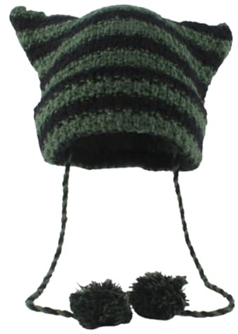 YANPINGJIA Bonnet à oreilles de chat très élastique, coupe-vent, motif rayé tricoté pour homme et femme, garde au chaud avec pompon, bonnet tricoté pour adulte pour femme pour l'hiver, Vert foncé
