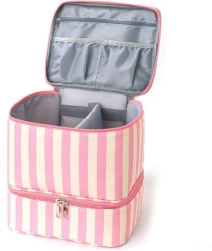 Organizador de esmalte de uñas a rayas bolsa de cosméticos de viaje con asa para herramientas de manicura organizador de herramientas de belleza soporte de esmalte de uñas