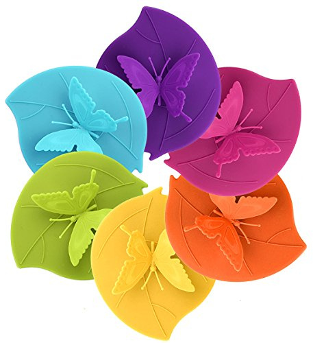ME.FAN Silicone Cup Lids - Creative Butterfly Mug Cover - Anti-dust Airtight Seal Hot Cup Lids 6 Set in Bright Colors