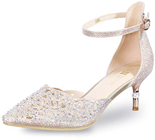 IDIFU Women's IN2 Candice Wedding Rhinestones Sequins Low Kitten Heels Pumps Dress Evening Shoes for Women Bridal Bride Gold 7.5 B(M) US