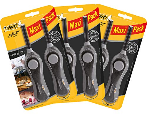 BIC 6cm extension wand Utility Lighter that lasts up to 750 lights, Black, Pack of 6