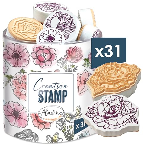 Aladine - 31 Stempel, Blumen, Scrabooking, Karten, Bullet Journal, kreative Hobbys, schwarzes Stempelkissen, Blumenmuster, Natur, 03750