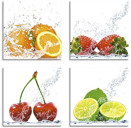 ARTLAND Wanddeko Küchenbilder Leinwand Bilder Set 4 teilig je 30x30 cm Quadratisch Wandbilder Obst Früchte mit Spritzwasser S6MJ
