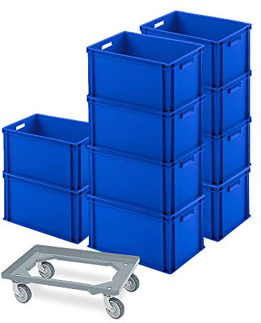 BRB 10er Set Euro-Stapelbehälter, 600x400x320 mm, PLUS Schwerlast-Transportroller (blau)