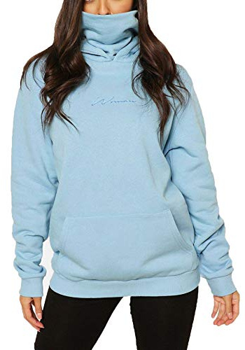 TrendiMax Dam Huvtröja med Hög Hals Tröjor Enfärgad Höst Vinter Sporttröja Avslappnade Hoodie Pullover Hoodie Blå XL