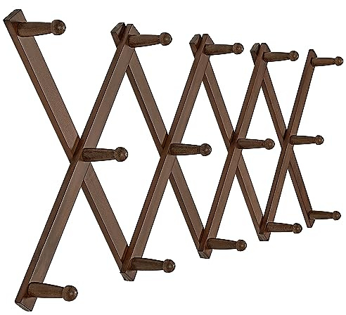 SKOLOO Hat Rack for Wall with 14 Hooks, Solid Wooden, Modern, Expandable Coat Rack Wall Mount for Coats, Hats, Bags, Baseball Caps, Walnut Color
