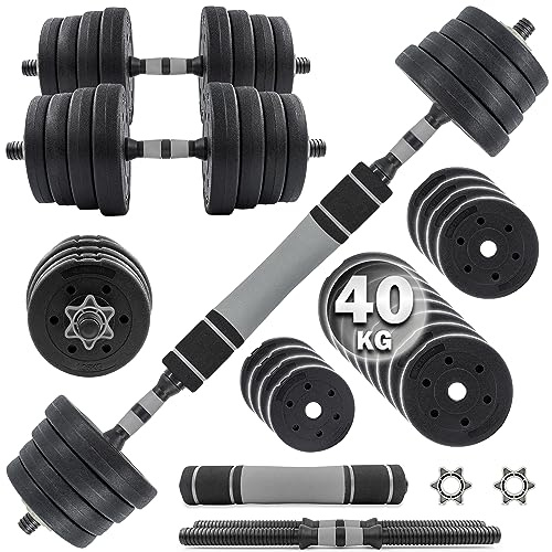 C.P.Sports 2in1 Ensemble d'haltères courts & longs 40kg | 4x1,25kg - 6x2,5kg - 6x3,0kg poids - 2x poignées | Disques d'haltères en plastique pour la musculation, le fitness, la gymnastique à domicile
