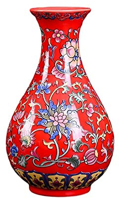 Small Ceramic Vase for Flower Handmade Elegant Vintage Chinese Painting Red Enamel Glazed Porcelain Decorative Vases for Office Home (F)