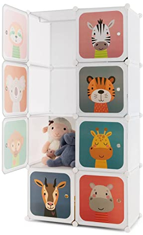 Maxmass 8/12 Cube Children Wardrobe, Portable Kids Clothes Closet with Hanging Sections, DIY Modular Storage Organizer for Nursery, Bedroom, Kindergarten (White Animal, 75 x 37 x 145 cm)