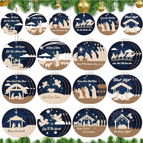 Soaoo 36 Pcs Nativity Scene Christmas Ornaments - Round Wooden Nativity Scene Birth of Jesus Christian Ornaments for Xmas Tree Advent Decor