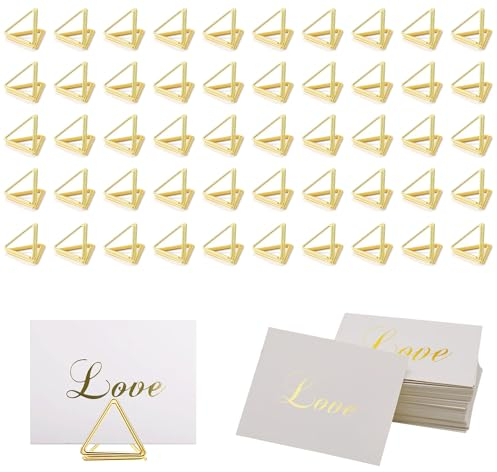 Asaisimg 100 Stück Tischkartenhalter-Set, 50 Hochzeits-Tischnummernhalter, Dreiecksform mit 50 Tischkarten, Tischkartenhalter, Foto-Bilderhalter, Ständer, Clip für Hochzeit, Party, Babyparty (Gold)