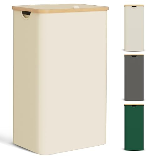 YOUDENOVA - Cesta clasificadora para la ropa sucia con tapa, 85 L, estrecha, con bolsa de lavandería, grande, plegable, de madera de bambú, alta, color beige