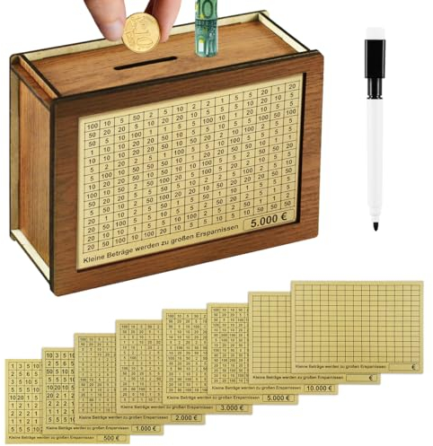 Salvadanaio in Legno con Contatore, Salvadanaio in Legno con 8 Diversi Adesivi Target e 1 Pennarello, Scatola di Risparmio con Numeri per 500 € 1000 € 2000 € 3000 € 5000 € 10000€ per adulti e bambini