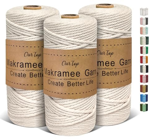 OurTop Makramégarn, 3 st., 3 mm x 100 m, makramésnöre för naturfärg gör-det-själv-hantverk, vävning, dekoration och växthängare
