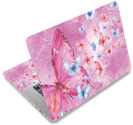 PLIGREAT Calcomanías de pegatina de cuero para computadora portátil Pink Butterfly, Vinilo universal para computadora portátil Reutilizable Calcomanías de cubierta de protector floral de acuarela