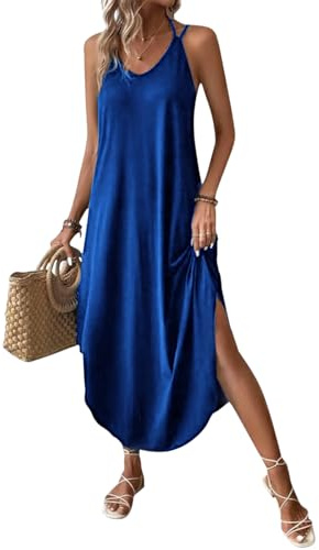 Chicrise Women Dresses Casual Sleeveless Maxi Dresses Loose Summer Dress Lightweight Flowy Blue Large 8-10