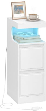 Hzuaneri Sängbord med LED, Sidobord med 2 lådor, nattduksbord med U-formad öppen Compartiment, justerbar Belysning, för sovrum, Vardagsrum, 30 x 24 x 65 cm Vit NS39113X