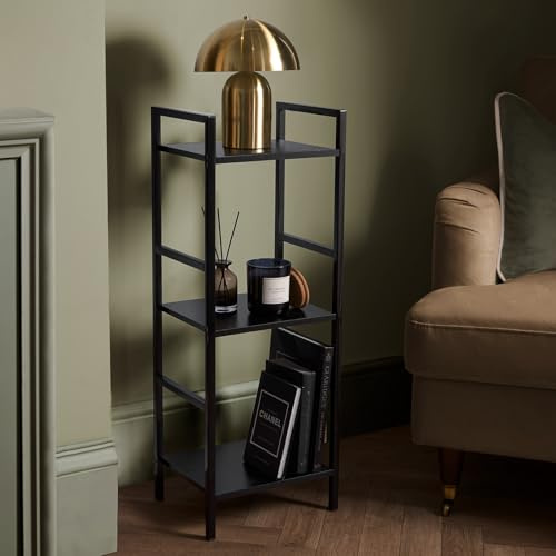 OHS 3 Tier Narrow Shelving Unit, Home Storage Slim Bookcase Shelves for Living Room Office Bedroom Kitchen Tall Shelf Unit, Black - 80 x 30 x 24cm