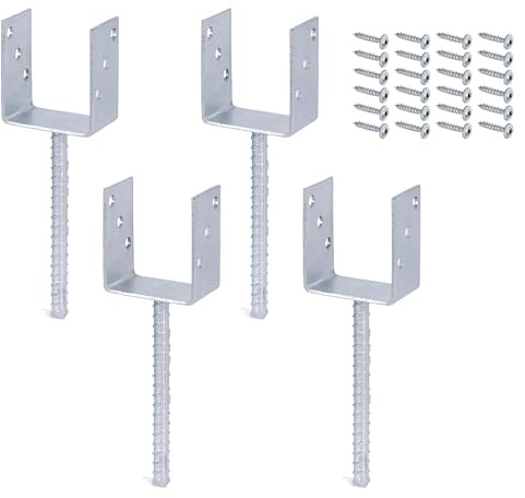 Alberts Juego de 4 soportes para postes en U, con anclaje de hormigón de acero estriado, galvanizado en caliente, ancho 91 mm, incluye 24 tornillos