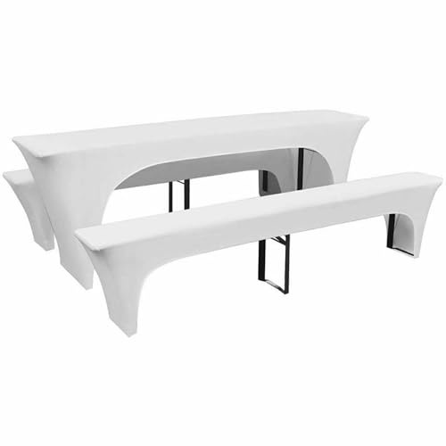 NEWFUN 2 Juegos de 3 Fundas y Manteles para Bancos de Cerveza Blancos, 220 x 50 x 70 cm, Fundas y manteles Blancos para Bancos de Cerveza, Juego de Carpas de Cerveza Spandex para Banquetes