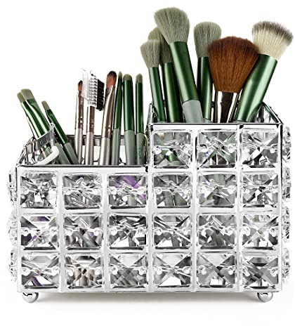 LUWOO Porta pennelli da trucco in cristallo, contenitore per riporre pennelli da trucco, tavolo, cassettiera, bagno, camera da letto (argento)
