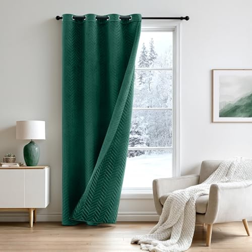 MIULEE Cortina Térmica Aislante Frío y Calor de Terciopelo Doble Cara, Opaca y Acolchada con Ojales, Ahorro Energía, 1 Panel para Salón, Dormitorio, 132x200 CM (An x Al), Verde Oscuro