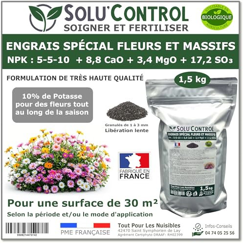 1,5 kg - Engrais Spécial Fleurs et Massifs NPK 5-5-10 - Favorise une floraison abondante, éclatante et durable - Utilisable en Agriculture Biologique (UAB) - Fabriqué en France
