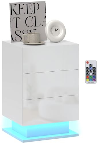 HOMCOM Mesita de Noche con Tira LED Multicolor Variable, Mesa Auxiliar con 3 Cajones, Mesilla de Noche para Dormitorio y Salón, Estilo Moderno, 40x35x60 cm, Blanco Brillo