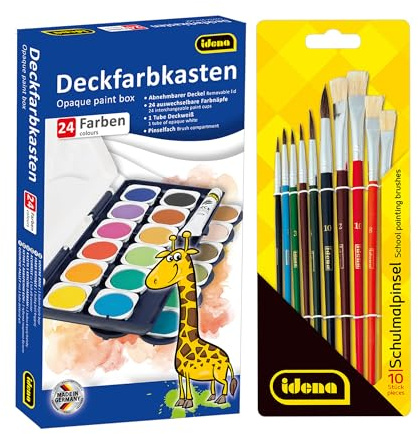 Idena 90479 - Deckfarbkasten mit 24 Farben und 1 Tube Deckweiß, inkl. 10 Malpinsel mit 6 Rundpinsel & 4 Borstenpinsel, Wasserfarbkasten mit Pinseln für die Schule