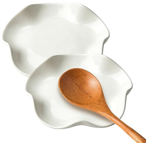 2 Piezas Reposa Cucharas de Cerámica para Cucharones Espátulas y Utensilios de Cocina (Blanco)