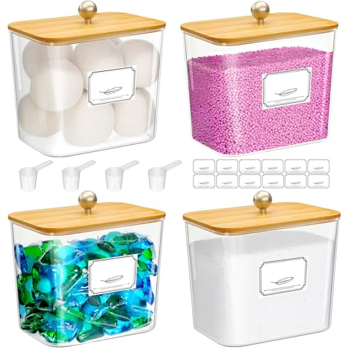Lifewit 2700 ml Contenedor Detergente Polvo Con Tapa de Bambú, Lavanderia Organizador, Pastillas Lavadora Caja de Almacenamiento de Plástico, Contenedores para Baño, Tarros, Natural, Juego de 4