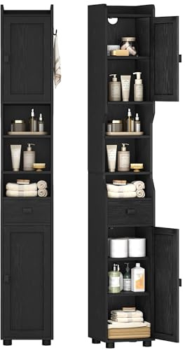 HEXCELEN Mueble de Baño Estrecho, Armario Alto de Baños con Compartimento Abierto y 2 Puertas, Estantes Ajustables, para Baño, Salón, Dormitorio, 28 x 28 x 180 cm, Negro