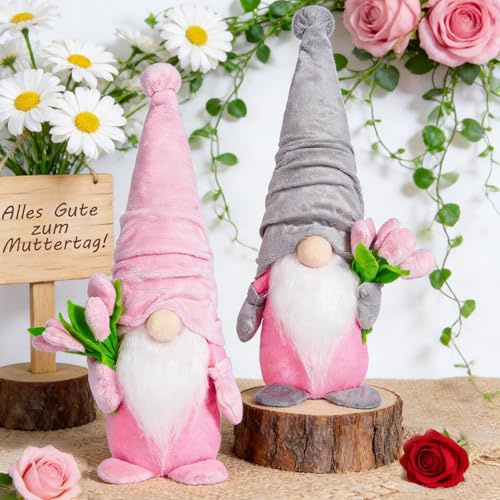 Jiahuade 2 gnomi primaverili con tulipani, mazzi di fiori di Pasqua, gnomo di Pasqua, decorazione primaverile, gnomo con tulipani