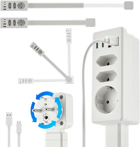 Multiprise Extensible avec USB, PD20W Prise Extensible Derriere Meuble, Rotatives à 360°, 3 Prises AC, 2 USB-A et 2 USB-C Charge, Protection Surtension 1800J, pour Canapé, Lit, Bureau, Cuisine