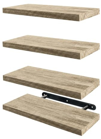 Harbour Housewares 4 Piece Rustic Wooden Floating Shelves Set 40cm - Paulownia Wood Wall Mounted Shelving with Metal Brackets - Storage & Display for Living Room Bedroom Kitchen Bathroom