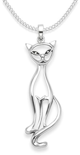 Sterling Silver Cat Necklace on Silver chain - SIZE: 39mm x 10mm - Gift Boxed. Silver cat pendant. FOR STRONGER THICKER CHAIN please choose 17 which is 1.5mm thick - 16 & 18 are 1.2mm thick. 8114/17