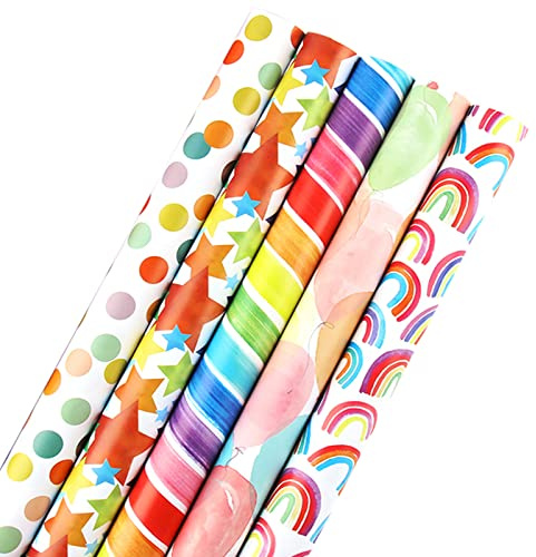 HBell Wrapping Paper Rolls,5 Rolls Gift Wrapping Paper,Birthday Wrapping Paper Roll,Rainbow Wrapping Paper Roll for Birthday,Party, Wedding,Baby Shower,Festive Decorations