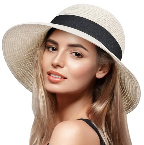 VIFUUR Damen Strohhüte Breiter Rand Sommervisier Strand Sonnenhut Verpackbare UPF UV Faltbare Reise Pure Beige M/L